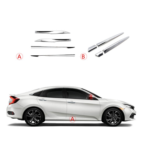 Chrome Exterior Side Door Skirt Mirror Stripe Panel Cover For Honda Civic 16-21