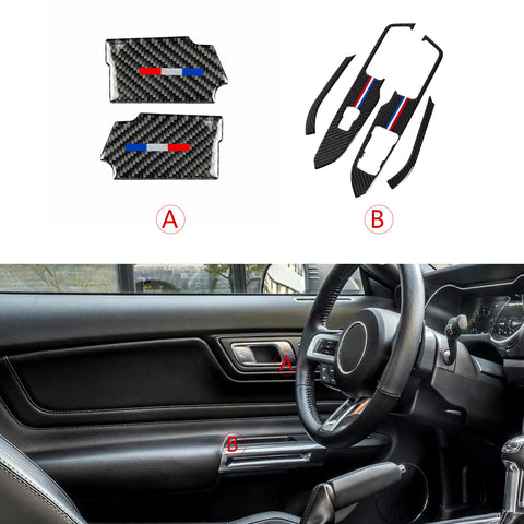 Carbon Fiber Handle Bowl + Window Lift Control Panel Cover For Mustang 2015-2022