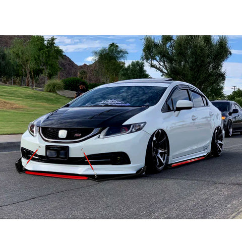Front Bumper Lip Chin Spoiler+ 2.2M Side Skirt Winglets Diffusers+ Adjustable 10"-13" Support Rod Compatible with Honda Accord Civic or VW MK5 MK6 MK7 or Kia Optima, Glossy Black w/Red