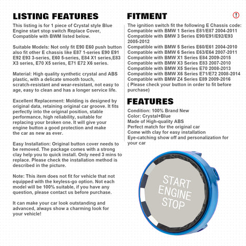 Crystal Blue Engine Start Stop Switch Button Cover For BMW 3 Series E90 E91 E92