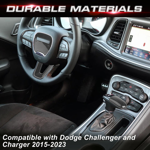 Gear Shift Knob + Steering Wheel Cover Trim, Carbon Fiber Pattern, Compatible with Dodge Challenger Charger 2015-2023