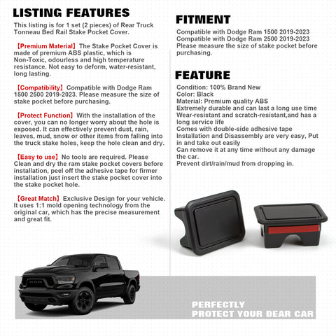 2pcs Rear Truck Tonneau Bed Rail Stake Pocket Covers Dodge Ram 1500 2500 2019-up