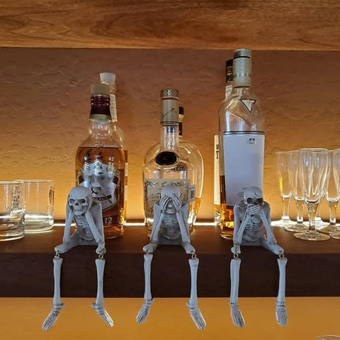 Set of 3 Halloween Statues See Speak Hear No Evil Skeleton Skull Bone Decoration