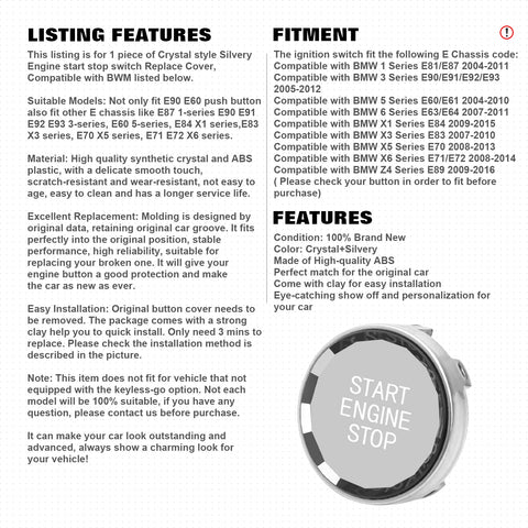 Silver Engine Start/Stop Switch Button Cover For BMW 1 3 5 Series E Chassis