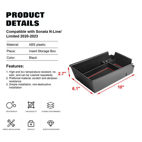 Center Console Armrest Box Secondary Storage Coin Holder Tray Organizer w/Red Anti-Dust Mats + 2PCS Soft Car Cup Holder Coasters, Compatible with Hyundai Sonata N-Line/ Limited 2020-2023