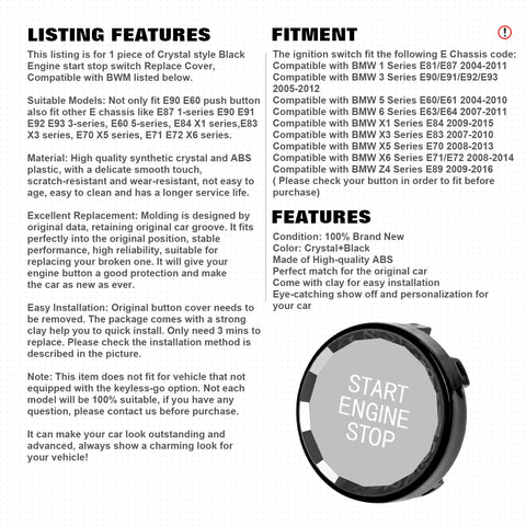 Black Engine Start Control Button Crystal Cover For BMW 3 Series E90 2005-2012