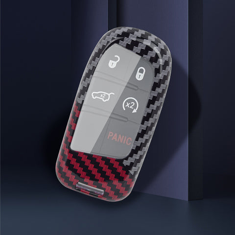 x xotic tech Glossy Black/Red Mix Color Carbon Fiber Texture Hard Plastic Key Fob Cover Case Compatible with Jeep Grand Cherokee Renegade Chrysler 200 300 Dodge RAM Durango Charger Challenger Journey