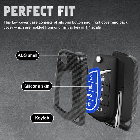 Carbon Fiber Remote Key Fob Shell Case Holder For Toyota RAV4 Corolla w/Keychain