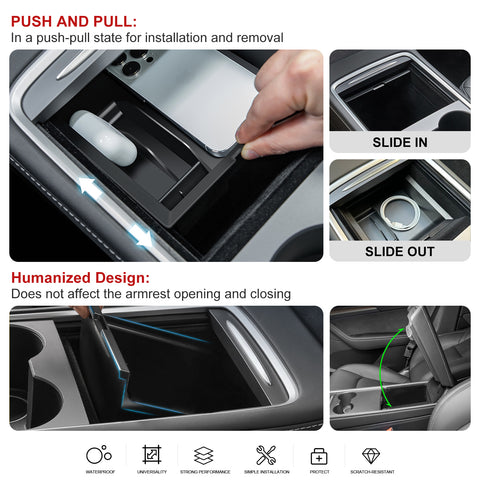 Interior ABS Center Console Armrest Hidden Cubby Drawer Storage Box + Rear Trunk Side Grocery Bin Organizer Protector Packet w/Lid Combo Kit Compatible with Tesla Model Y 5 Seater 2021