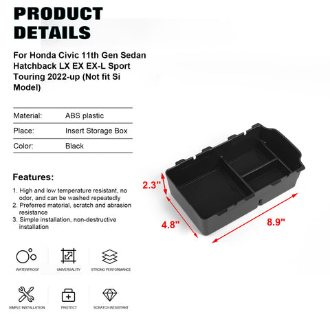 Console Armrest Box Secondary Storage Insert Tray For Honda Civic 11th Gen 22-up