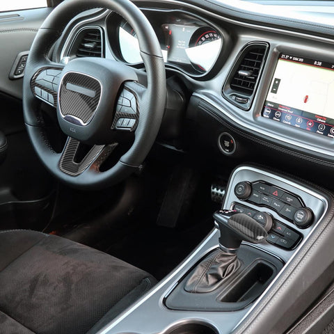 Gear Shift Knob + Steering Wheel Cover Trim, Carbon Fiber Pattern, Compatible with Dodge Challenger Charger 2015-2023