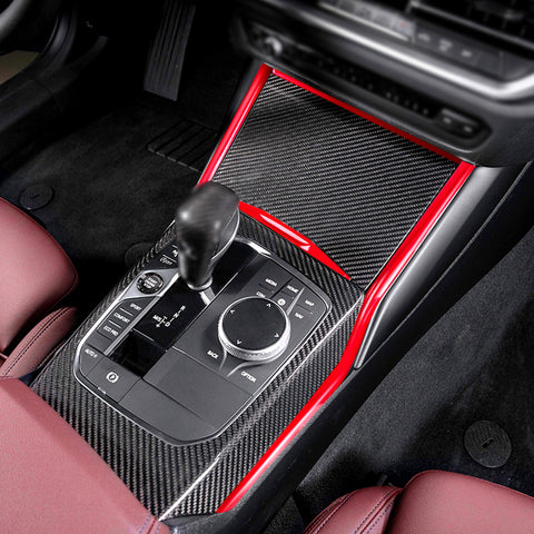 Red+Carbon Fiber Gear Shift Panel Dash Stripe Cover Trim For BMW 3-Series G20