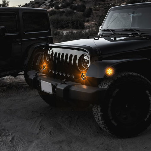 x xotic tech Smoked Lens Turn Signal Lights White Halo Ring DRL Amber LED Front Grill Indicator Parking Lights Lamp Assembly Replacement Compatible with Jeep Wrangler JK JKU 2007-2018