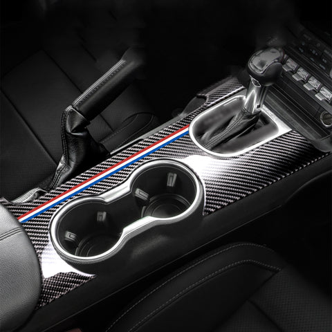 Carbon Fiber w/Tri Color Console Gear Shift Panel Cover For Ford Mustang 2015+