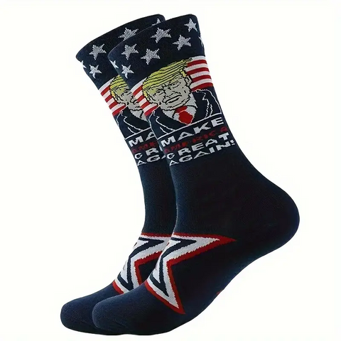 2 Pair Trump American Flag Presidential Election Patriot Print Cotton Crew Socks