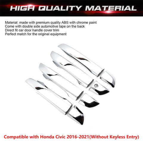 W/O Keyless Holes Chrome Door Handle Cover Trim For Honda Civic 10th 2016-2021