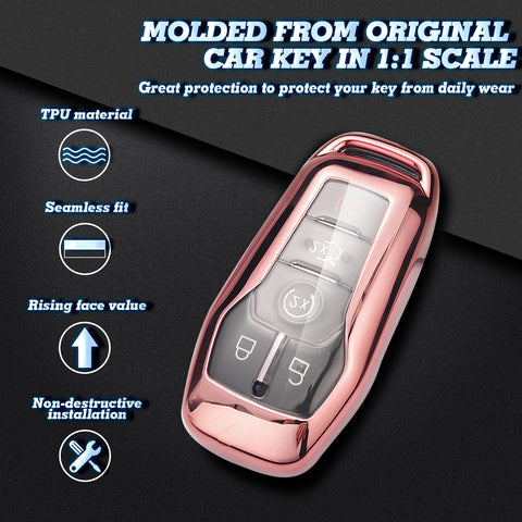 Rose Gold TPU Key Fob Shell Full Cover Case w/Keychain, Compatible with Ford Fusion Mustang