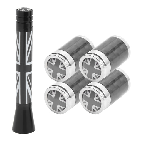 Set Union Jack Antenna w/Chrome Tire Valve Stem Caps Dust Cover For Mini Cooper