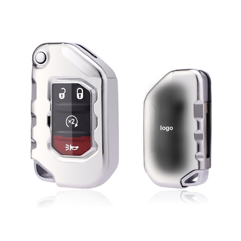 Silver TPU Remote Folding Key Cover Case Protector Skin For Jeep Wrangler 2018-2021