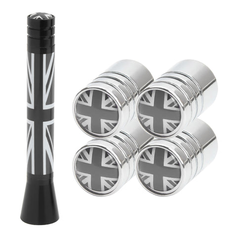 Set Union Jack Antenna w/Chrome Tire Valve Stem Caps Dust Cover For Mini Cooper