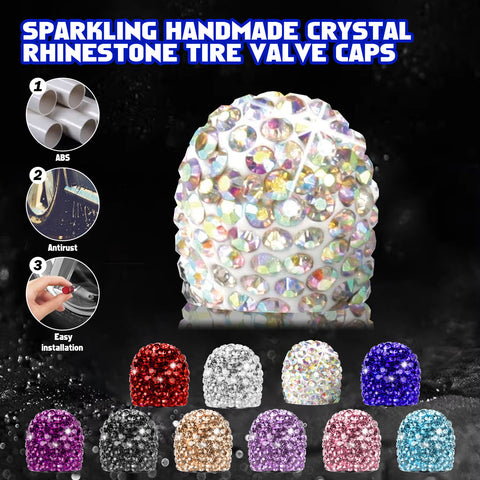 4x Handmade Crystal Rhinestone Universal Car Tire Valve Caps Chrome Accessories