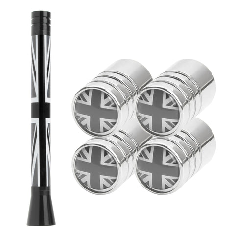 Set Union Jack Antenna w/Chrome Tire Valve Stem Caps Dust Cover For Mini Cooper