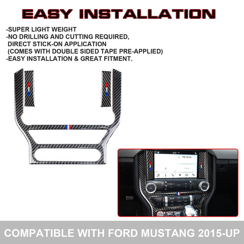3-Color Bar Carbon Fiber Central Console CD Panel Cover For Ford Mustang 2015+