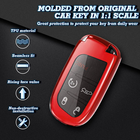 1x Glossy Red TPU Smart Key Remote Keyless FOB Shell Case W/ Red Keychain For Jeep Dodge Chrysler