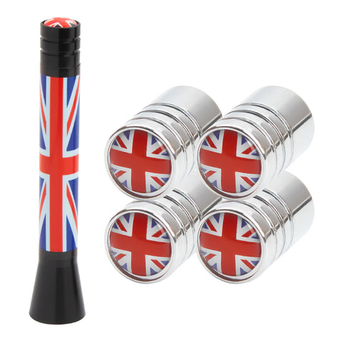 Set Union Jack Antenna w/Chrome Tire Valve Stem Caps Dust Cover For Mini Cooper