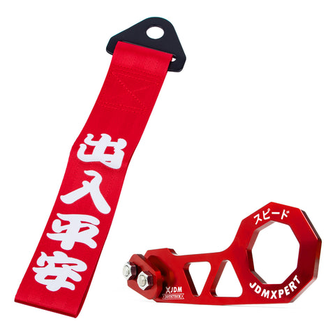 Xotic Tech JDM Sports Racing Tow Strap Decorative Trailer Belt Personalized with Chinese Slogan + Rear Tow Hook Universal Fit for Car (Safe Trip Wherever You go)