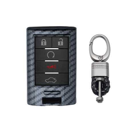 For Cadillac Escalade STS CTS SRX Carbon Fiber Style Key Fob Cover w/Keychain