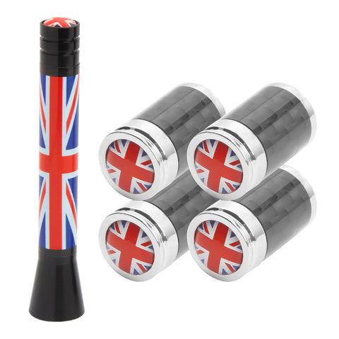 Set Union Jack Antenna w/Chrome Tire Valve Stem Caps Dust Cover For Mini Cooper