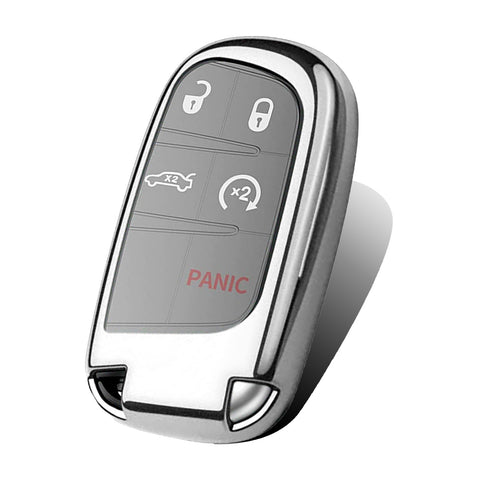 1x Glossy Silver TPU Keyless Remote FOB Shell Case W/ Black Keychain for Jeep Dodge Chrysler