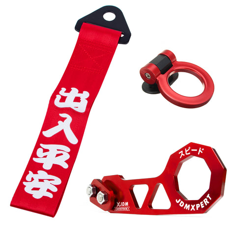 JDM Sports Tow Strap Racing Tow Strap Car Trailer Belt with Chinese Slogan + Front Tow Hook Kit Bumper Decoration + Rear Tow Towing Hook Universal for Car (Safe Trip Wherever You go,Blue)
