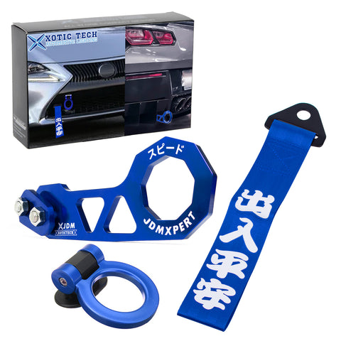 JDM Sports Tow Strap Racing Tow Strap Car Trailer Belt with Chinese Slogan + Front Tow Hook Kit Bumper Decoration + Rear Tow Towing Hook Universal for Car (Safe Trip Wherever You go,Blue)
