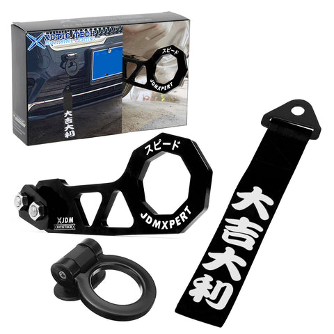JDM Sports Tow Strap Racing Tow Strap with Chinese Slogan + Front Tow Hook Kit + Rear Tow Towing Hook Universal for Car (Good Luck & All The Best)