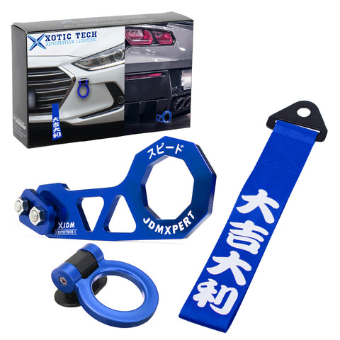 JDM Sports Tow Strap Racing Tow Strap with Chinese Slogan + Front Tow Hook Kit + Rear Tow Towing Hook Universal for Car (Good Luck & All The Best)