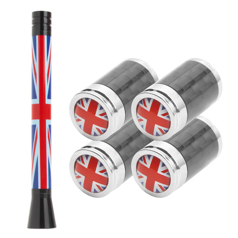 Set Union Jack Antenna w/Chrome Tire Valve Stem Caps Dust Cover For Mini Cooper