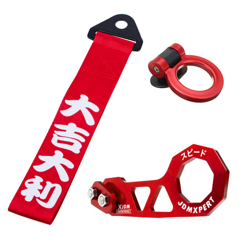 JDM Sports Tow Strap Racing Tow Strap with Chinese Slogan + Front Tow Hook Kit + Rear Tow Towing Hook Universal for Car (Good Luck & All The Best)