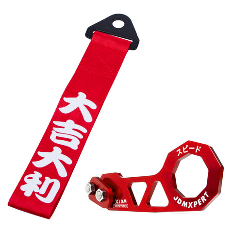 Sports Racing Tow Strap Trailer Belt Personalized with Chinese Slogan + Rear Tow Hook Universal Fit for Car (Good Luck & All The Best)