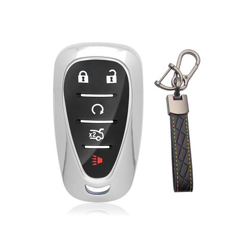 TPU Key Fob Shell Full Cover Case w/ Keychain, Compatible with Chevrolet Camaro Malibu Impala Cruze Volt Bolt Equinox Tahoe Traverse 3/4/5 Buttons Key