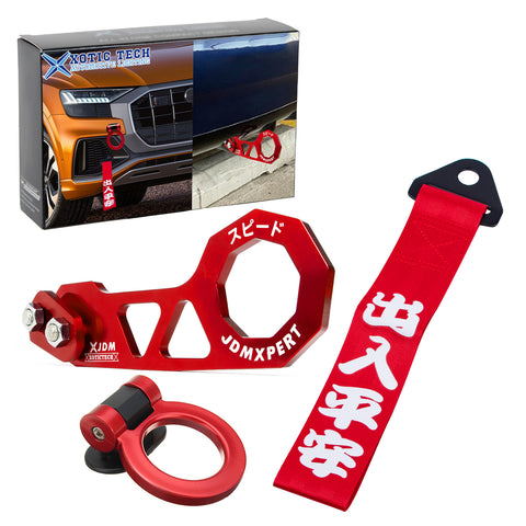 JDM Sports Tow Strap Racing Tow Strap Car Trailer Belt with Chinese Slogan + Front Tow Hook Kit Bumper Decoration + Rear Tow Towing Hook Universal for Car (Safe Trip Wherever You go,Blue)