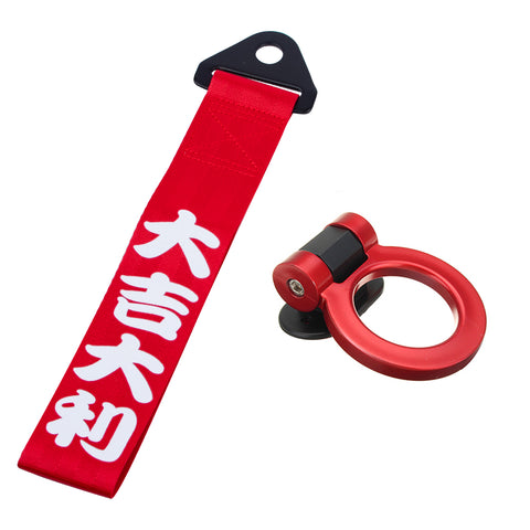 Sports Blue Racing Tow Strap Trailer Belt Personalized with Chinese Slogan + Front Tow Hook Kit Car Decoration Universal Fit (Good Luck & All The Best)