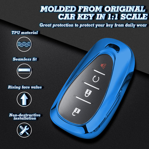 TPU Key Fob Shell Full Cover Case w/ Keychain, Compatible with Chevrolet Camaro Malibu Impala Cruze Volt Bolt Equinox Tahoe Traverse 3/4/5 Buttons Key