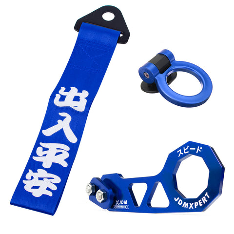 JDM Sports Tow Strap Racing Tow Strap Car Trailer Belt with Chinese Slogan + Front Tow Hook Kit Bumper Decoration + Rear Tow Towing Hook Universal for Car (Safe Trip Wherever You go,Blue)