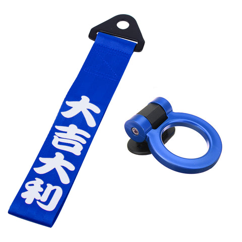 Sports Blue Racing Tow Strap Trailer Belt Personalized with Chinese Slogan + Front Tow Hook Kit Car Decoration Universal Fit (Good Luck & All The Best)
