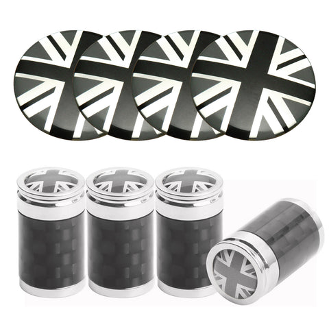 Set Black Union Jack Car Wheel Center Cap + Tire Valve Stem Caps For Mini Cooper
