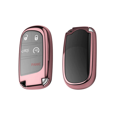 1x Glossy Rose Gold TPU SmartKey Remote Keyless FOB Case W/ Red Keychain For Jeep Dodge Chrysler