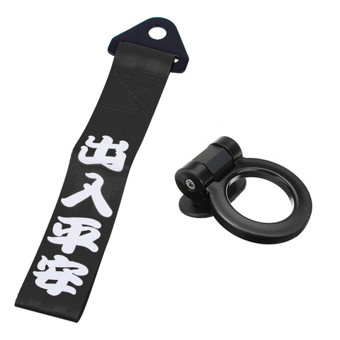 JDM Sports Racing Tow Strap Trailer Belt Personalized with Chinese Slogan + Tow Hook Kit Car Decoration Accessories Universal Fit Rear Front Bumper (Safe Trip Wherever You go)