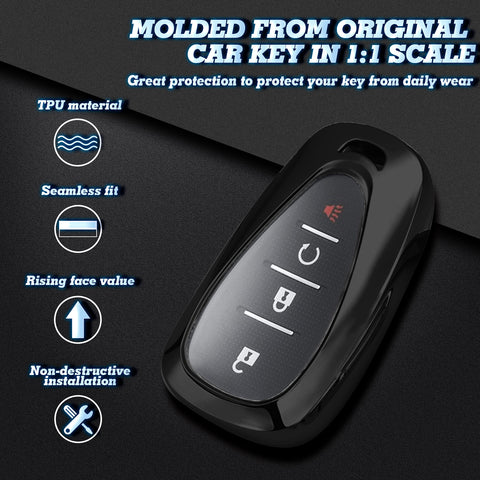 TPU Key Fob Shell Full Cover Case w/ Keychain, Compatible with Chevrolet Camaro Malibu Impala Cruze Volt Bolt Equinox Tahoe Traverse 3/4/5 Buttons Key
